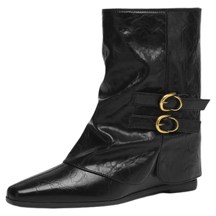 达芙妮黑色尖头堆堆瘦瘦短靴骑士靴皮靴女款2026冬新款裤管女靴子