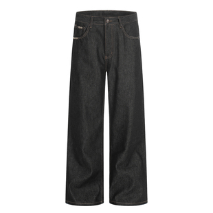 YGAN老钱风手缝针黑色646微喇原牛牛仔裤男女直筒cleanfit裤子