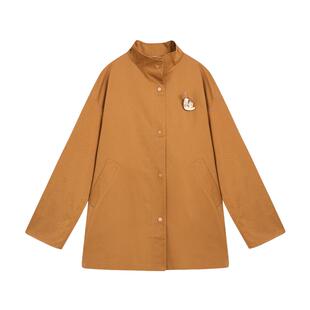 紫涵一手长米金色立领风衣女秋季新款日系抽绳收腰宽松单排扣外套