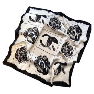 小香风丝巾高颜值方巾缎面仿真丝围巾新款印花发巾黑白色职业领巾