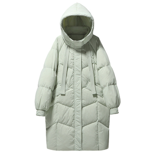 300斤中长款加厚飘带外套胖莹莹大码女装韩系冬季连帽保暖羽绒服