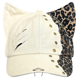 新款豹纹猫耳棒球帽子女春季时尚铆钉破洞鸭舌帽大帽檐时髦显脸小