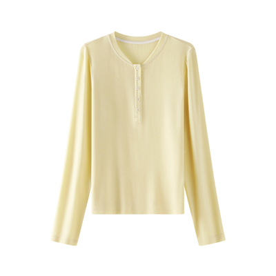 OSA奶黄色亨利领内搭T恤长袖上衣