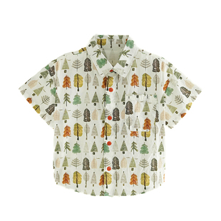 砚台家男童纯棉短袖花衬衫2025夏新款森系儿童半袖上衣男宝宝衬衣
