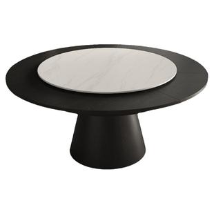 黑色轻法式复古实木圆形岩板旋转伸缩变形餐桌小户型高端家用饭桌