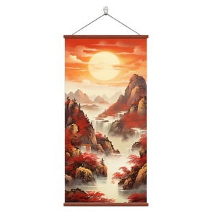 鸿运当头山水画玄关挂画中式旭日东升装饰画办公室书房大气卷轴画