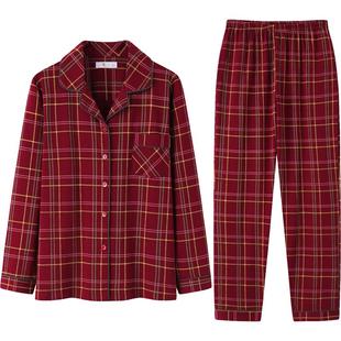 睡衣女春秋款纯棉长袖全棉秋季女款少妇红色格子秋冬款大码家居服