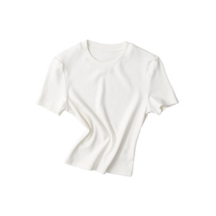 asomesome美式白色小圆领正肩修身T恤女春新短款紧身短袖打底上衣