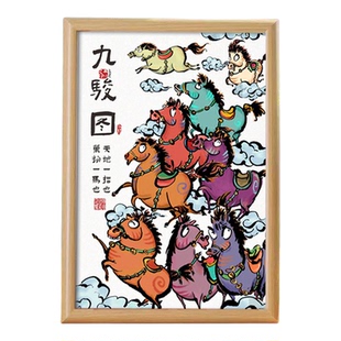 新年九骏图茶室书桌喜庆摆件礼物马年属相卡通相框搞笑国风画摆台