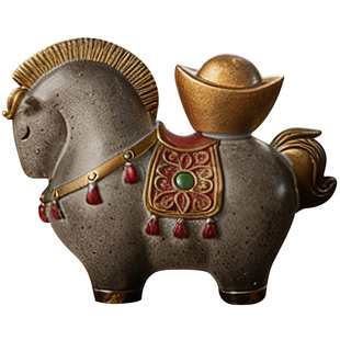 伊文陶瓷马上发财变色茶宠可养摆件旋转唐马中式招财茶几桌面茶具