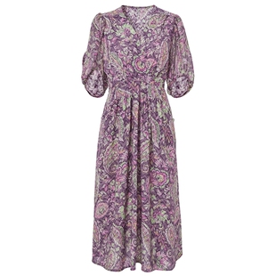 马天奴女装春夏新款紫色印花连衣裙子V领灯笼袖收腰气质法式度假