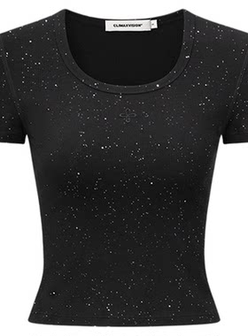 CLIMAX VISION十字花满天星烫钻正肩修身U领短袖T恤软糯舒适tee