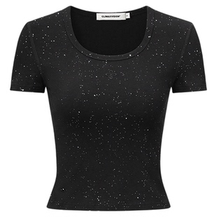 CLIMAX VISION十字花满天星烫钻正肩修身U领短袖T恤软糯舒适tee