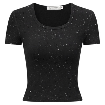 CLIMAX VISION十字花满天星烫钻正肩修身U领短袖T恤软糯舒适tee
