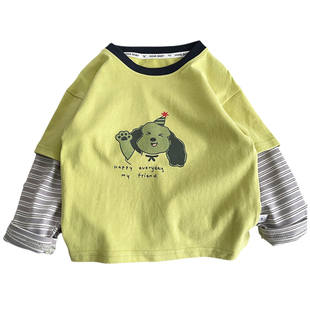 男童长袖T恤2026新款儿童假两件上衣春秋小童宝宝卡通纯棉上衣潮T