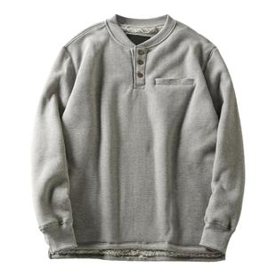 外贸余单 华夫格加绒加厚保暖秋冬男士大码亨利领长袖卫衣套头衫