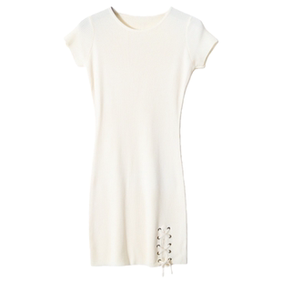 春夏米白色坑条修身针织连衣裙女 系带辣妹风显瘦百搭短袖包臀裙