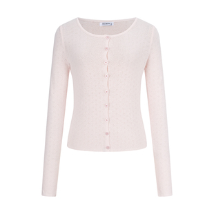 MosesQueen魔西女王粉色纯棉缕空针织开衫女春季薄款长袖外套上衣