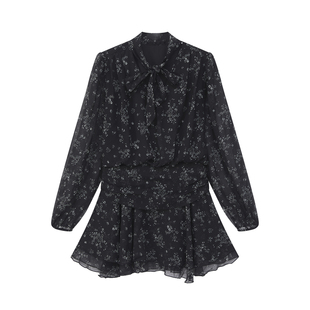 艾文文iris半岛2026秋季新品气质绑带长袖中长款黑色碎花连衣裙子