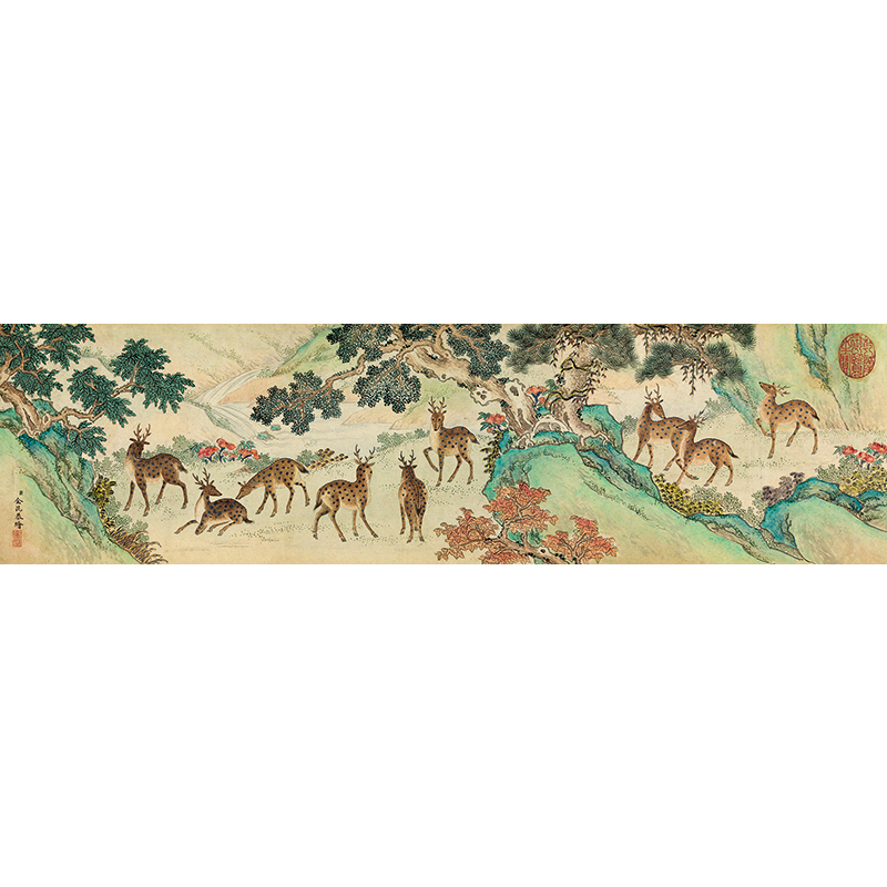 名画复制清代金昆九鹿图工笔画梅花鹿福寿图国画艺术微喷装饰画