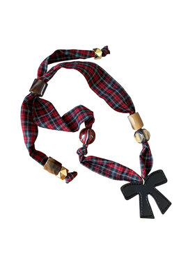 复古皮质蝴蝶结格子丝巾项链