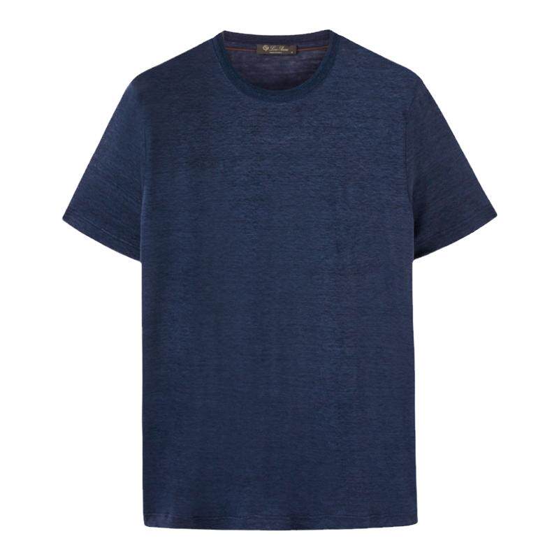 Loro Piana/诺悠翩雅男装简约百搭蓝色亚麻针织圆领短袖T恤
