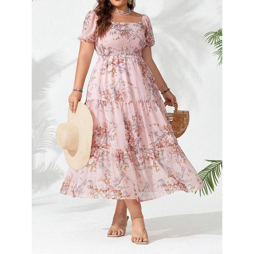 R 40901 Floral square neck ruched short sleeve dress 花卉方