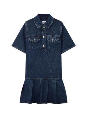 【春夏新品】GANNI 女褶皱设计时尚牛仔短袖连衣裙