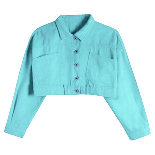 彩色牛仔外套女春秋季高腰小个子2026年新款湖蓝色超短款夹克上衣