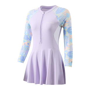 李宁女童游泳衣泡温泉儿童长袖女孩中大童带胸垫连体保暖初中生裙