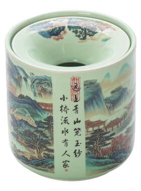 中式复古陶瓷带盖防飞灰烟灰缸