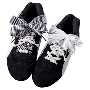 芭蕾风鞋带蕾丝德训鞋装饰黑白格子珍珠蝴蝶结鞋花赛车鞋diy百搭
