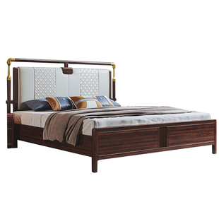 乌金木全实木床1.8米新中式轻奢双人床主卧真皮软包储物床大床