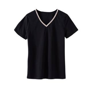 2021新款80支双面丝光棉V领短袖T恤女宽松大码精梳棉打底衫钉珠70