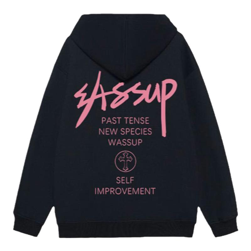 WASSUP潮牌手绘字母宽松连帽卫衣