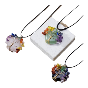 天然水晶原石打磨七彩碎石生命树爱心吊坠手工编织心形项链锁骨链