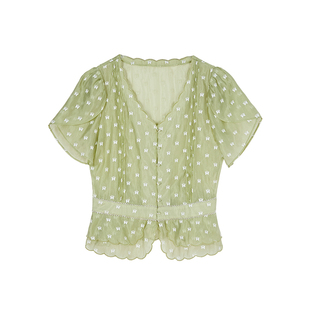 NANASTORE雪纺衫女2024春季新款碎花短袖T恤防晒衬衫短款收腰上衣