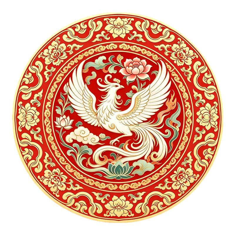 红底金边圆形墙贴白凤凰牡丹莲花中式婚嫁吉祥纹样防水自粘贴纸画