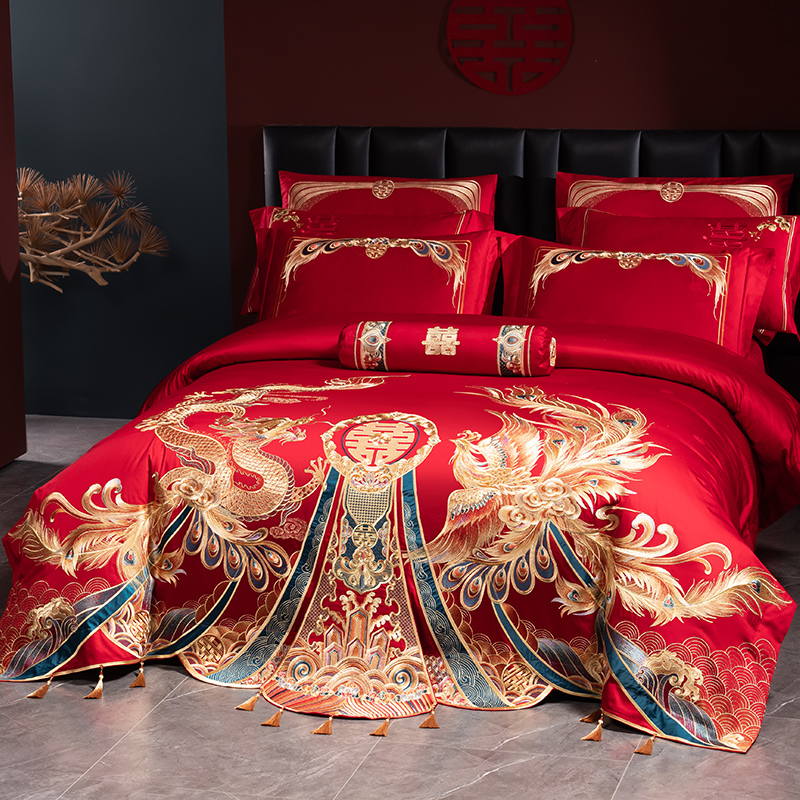 140s支全棉婚庆四件组大红色龙凤婚房床上用品喜被子结婚六十件套