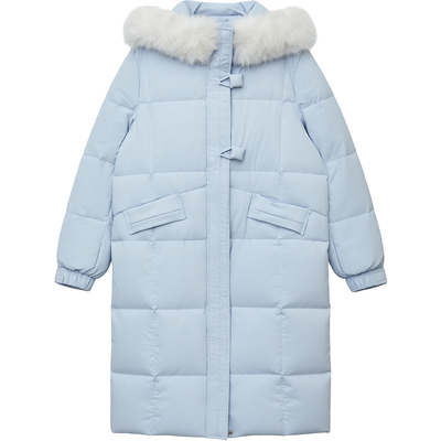 DM100大码百分百女微胖mm冬季正肩可拆卸毛领长款加厚羽绒服外套