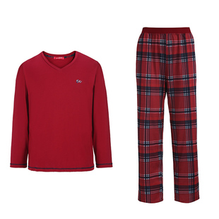 雅婷雅雯【纯棉】情侣睡衣春秋季送父母本命年家居服格子红色喜庆