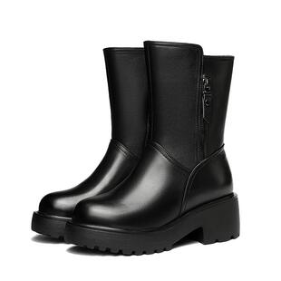 冬季加绒羊毛厚底妈妈棉靴中筒女士真皮棉鞋女式棉皮鞋防水台短靴