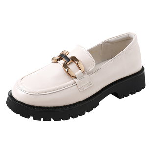 英伦风小皮鞋女真皮厚底金属马衔方扣一脚蹬大码百搭软面jk乐福鞋