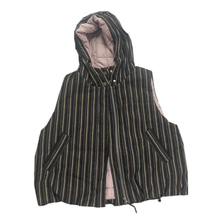 秋冬季新款连帽条纹无袖棉服马甲女拉链口袋英伦宽松时尚保暖个性