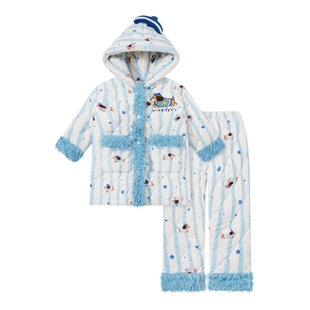 母女三层夹棉睡袍冬季短款加绒加厚女童可爱腊肠狗睡衣家居服套装