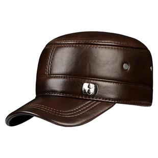 真皮帽子男秋季冬皮帽中老年牛皮平顶帽老人保暖爸爸护耳鸭舌帽男