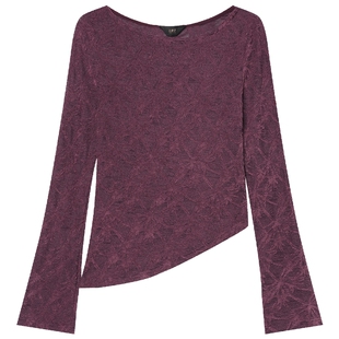 白鹿语时尚不规则下摆上衣25秋款气质大圆领提花修身T恤女