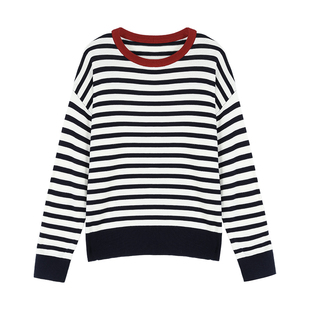 Maven Lin 羊毛混纺丨经典条纹圆领针织衫女宽松撞色打底长袖上衣