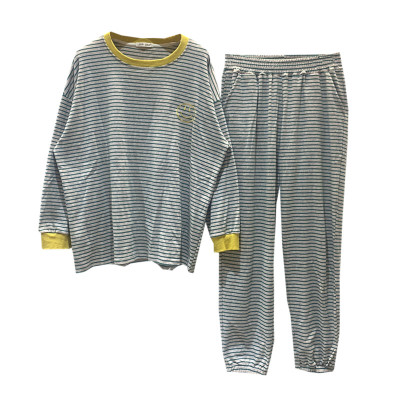 女纯棉笑脸条纹睡衣长袖套装秋