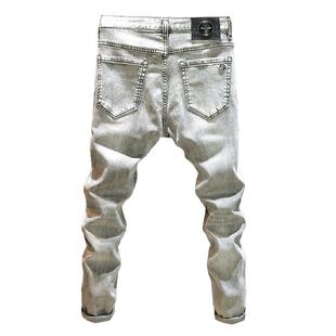 欧洲站高级灰色牛仔裤男款轻奢弹力修身小脚裤潮牌百搭显瘦长裤子